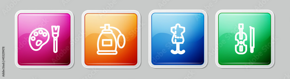 Set line Paint brush with palette, Perfume, Mannequin and Violin. Colorful square button. Vector Set line Paint brush with palette, Perfume, Mannequin and Violin. Colorful square button. Vector