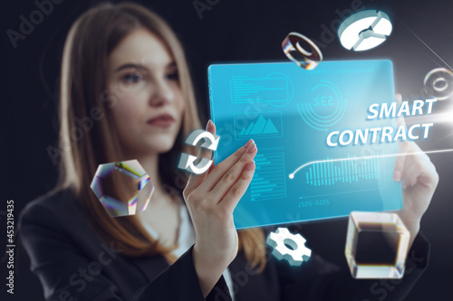 Business, Technology, Internet and network concept. Young businessman working on a virtual screen of the future and sees the inscription: