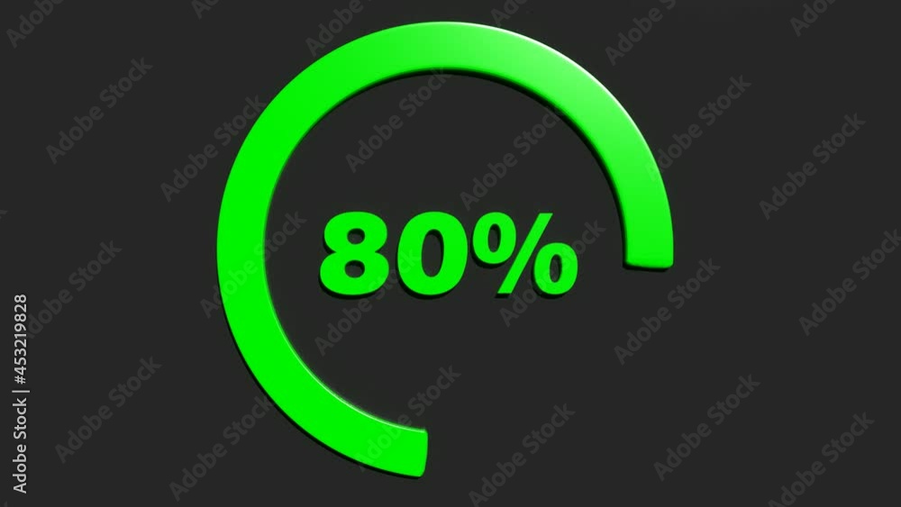 A green circle turning around 80% write, in blue, on a black background - 3D rendering video clip animation A green circle turning around 80% write, in blue, on a black background - 3D rendering video clip animation
