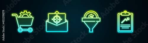 Set line Shopping cart, Mail and e-mail, Lead management and Clipboard with graph chart. Glowing neon icon. Vector