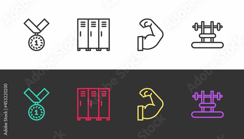 Set line Medal, Locker or changing room, Bodybuilder muscle and Bench with barbel on black and white. Vector