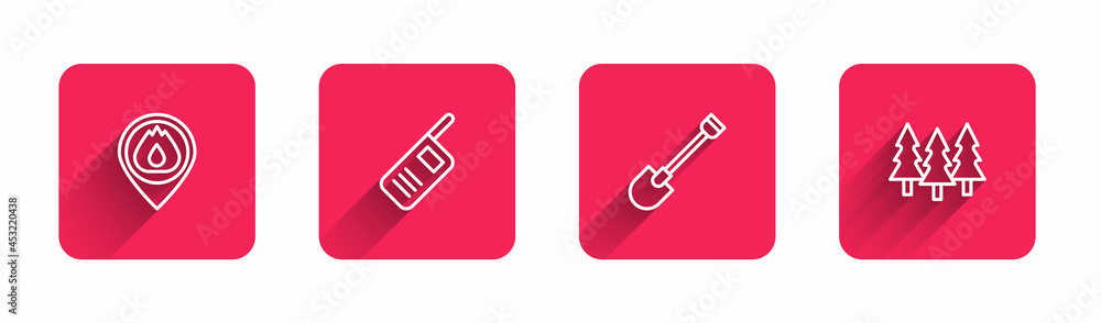 Set line Location with fire flame, Walkie talkie, Fire shovel and Forest with long shadow. Red square button. Vector Set line Location with fire flame, Walkie talkie, Fire shovel and Forest with long shadow. Red square button. Vector
