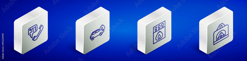 Set Isometric line Telephone call 911, Burning car, Matchbox and matches and Interior fireplace icon. Vector Set Isometric line Telephone call 911, Burning car, Matchbox and matches and Interior fireplace icon. Vector