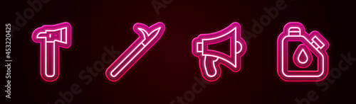 Set line Firefighter axe, Metal pike pole, Megaphone and Canister fuel. Glowing neon icon. Vector