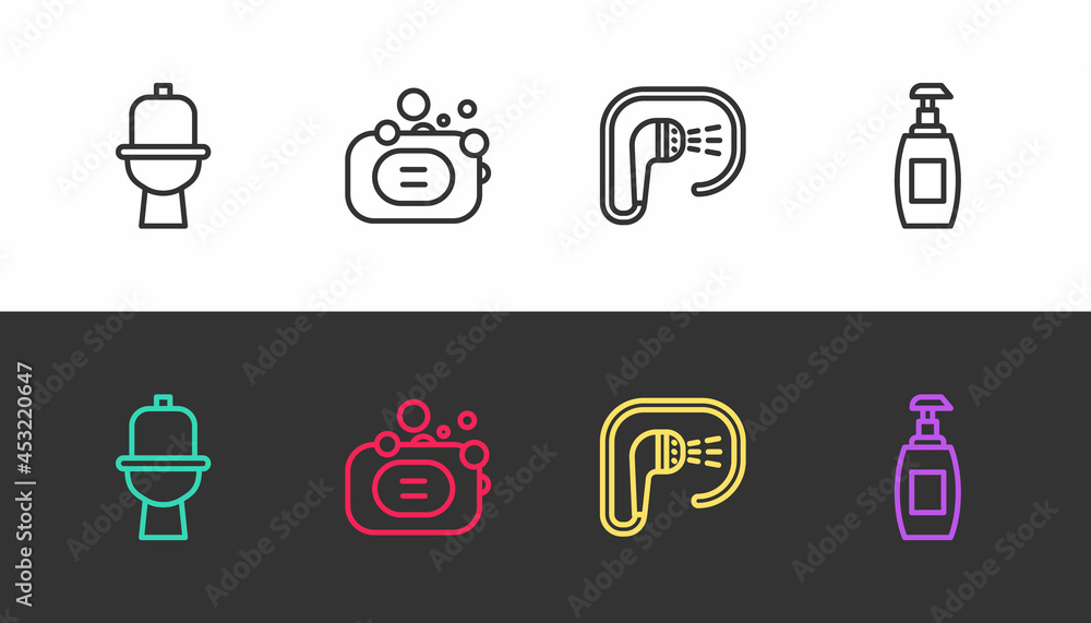 Set line Toilet bowl, Bar of soap, Shower and Bottle liquid on black and white. Vector Set line Toilet bowl, Bar of soap, Shower and Bottle liquid on black and white. Vector
