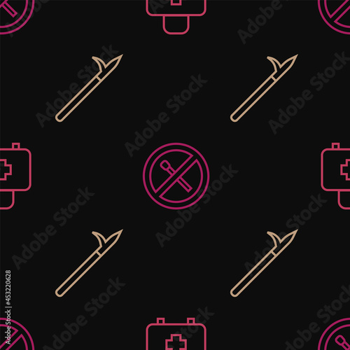 Set line First aid kit, Metal pike pole and No fire match on seamless pattern. Vector