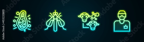 Set line Bacteria, Experimental insect, Cloning and Laboratory assistant. Glowing neon icon. Vector
