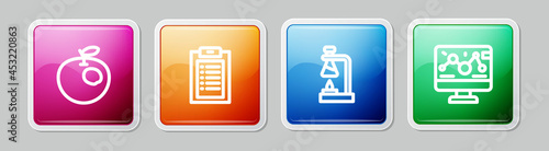 Set line Genetically modified apple, Clinical record, Test tube flask on fire and engineering modification. Colorful square button. Vector