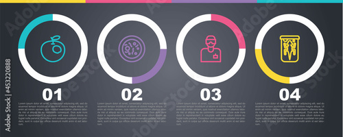 Set line Genetically modified apple, Petri dish with bacteria, Laboratory assistant and Experimental animal. Business infographic template. Vector