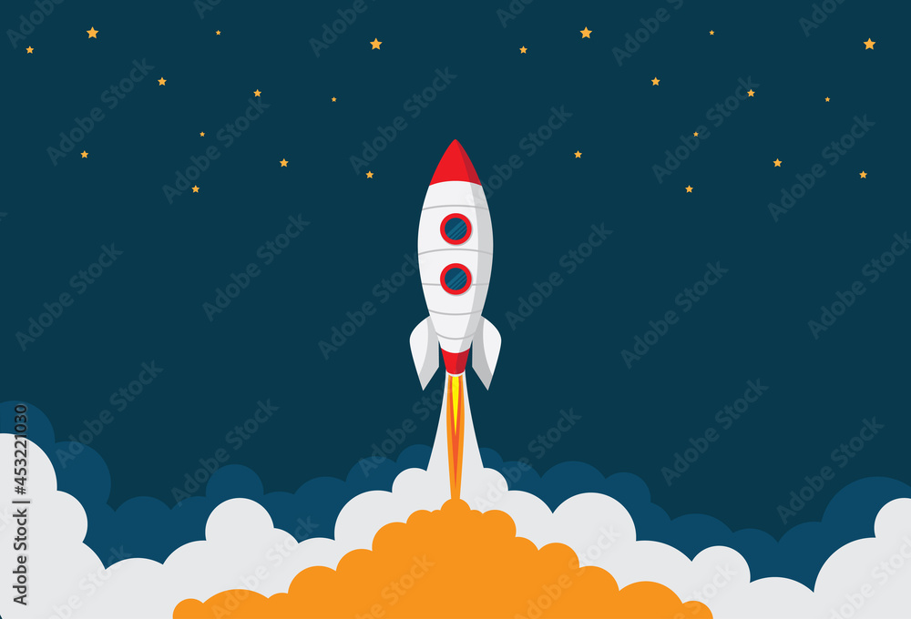 Fototapeta premium Rocket spaceship flying straight up to the space vector illustration. In the night sky go through the clouds.