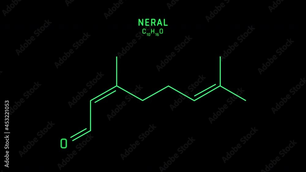 Citral b or Neral Skeletal Formula or Molecular Structure Symbol Neon Animation on black background Citral b or Neral Skeletal Formula or Molecular Structure Symbol Neon Animation on black background