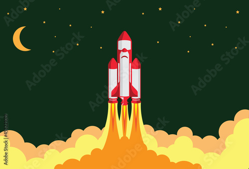 Rocket spaceship flying straight up to the space vector illustration. In the night sky go through the clouds.