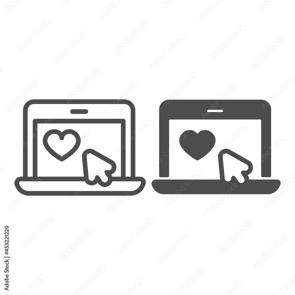 Laptop with heart and mouse pointer, online date line and solid icon, dating concept, internet vector sign on white background, outline style icon for mobile concept and web design. Vector graphics. Laptop with heart and mouse pointer, online date line and solid icon, dating concept, internet vector sign on white background, outline style icon for mobile concept and web design. Vector graphics.