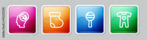 Set line Baby dummy pacifier, socks clothes, Rattle baby toy and . Colorful square button. Vector