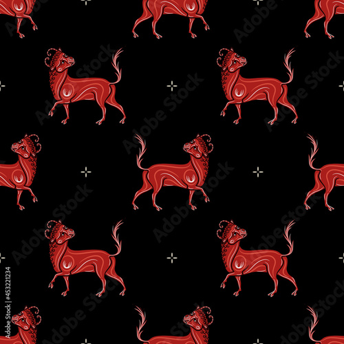 Seamless animal pattern with red bulls. Taurus Zodiac sign. Medieval illuminated manuscript motif. On black background.