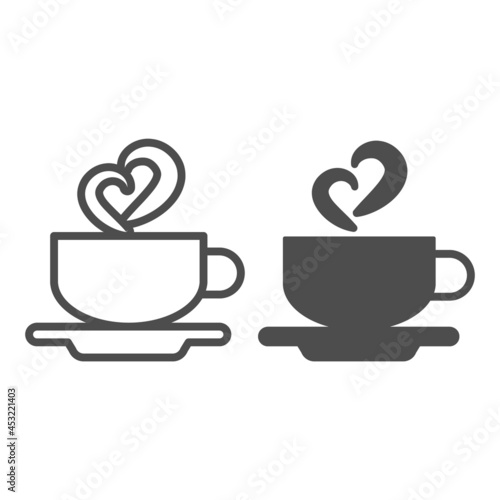 Cup of coffee on saucer and heart shaped steam line and solid icon, dating concept, mug, smoke vector sign on white background, outline style icon for mobile concept and web design. Vector graphics.