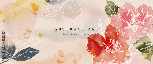 Flower watercolor art background vector. Wallpaper design with floral paint brush line art. leaves and flowers nature design for cover, wall art, invitation, fabric, poster, canvas print.