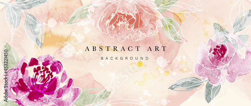 Flower watercolor art background vector. Wallpaper design with floral paint brush line art. leaves and flowers nature design for cover, wall art, invitation, fabric, poster, canvas print.