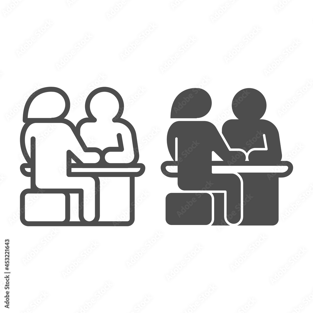 Couple sitting at the table, date line and solid icon, dating concept, man and woman dating vector sign on white background, outline style icon for mobile concept and web design. Vector graphics. Couple sitting at the table, date line and solid icon, dating concept, man and woman dating vector sign on white background, outline style icon for mobile concept and web design. Vector graphics.