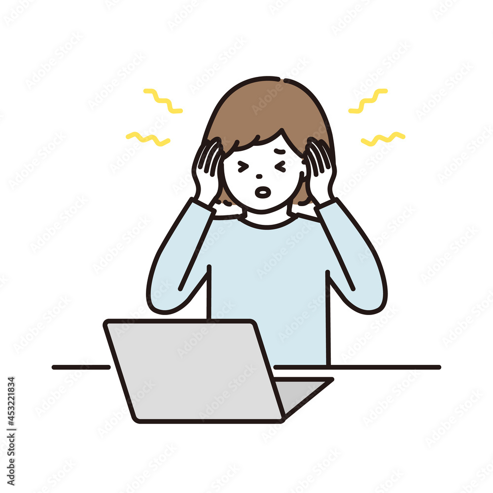 ノートパソコンの前で頭痛に悩む女性のイラスト Stock Vector Adobe Stock