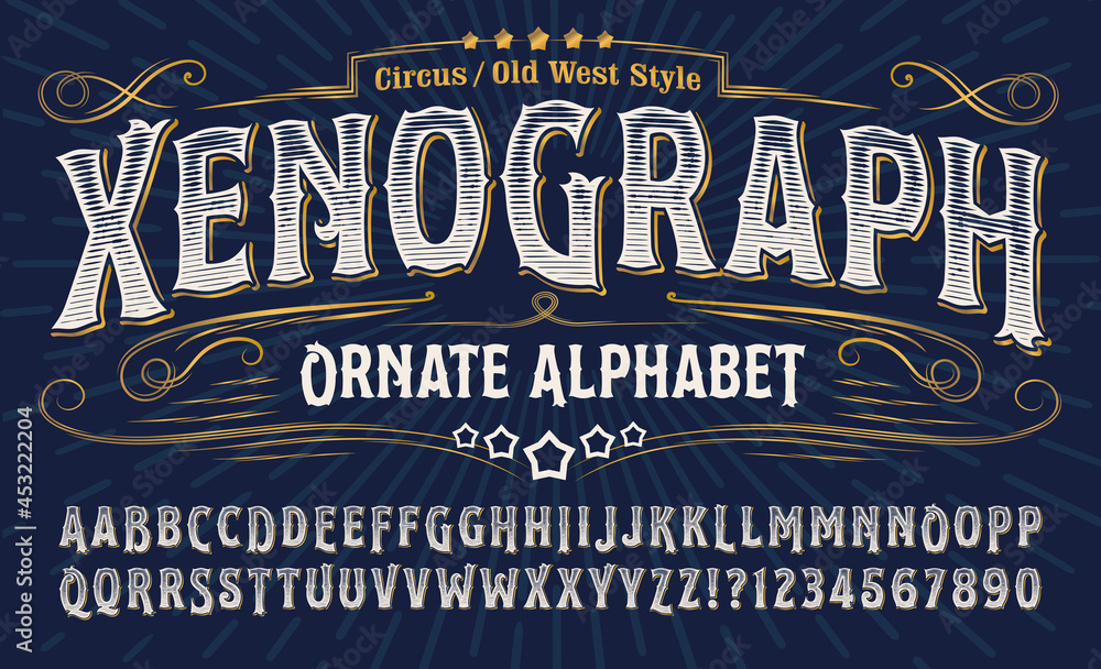 Xenograph ornate alphabet: an elegant old west alphabet with gold elements and engraved lines. Good for t-shirt artwork, tattoo parlor logos, circus, carnival and rodeo graphics, etc. - obrazy, fototapety, plakaty 