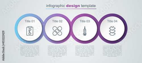 Set line X-ray shots, Crossed bandage plaster, Syringe and Human spine. Business infographic template. Vector