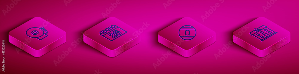 Set Isometric line Ringing alarm bell, Calendar, American Football ball and School building icon. Vector Set Isometric line Ringing alarm bell, Calendar, American Football ball and School building icon. Vector