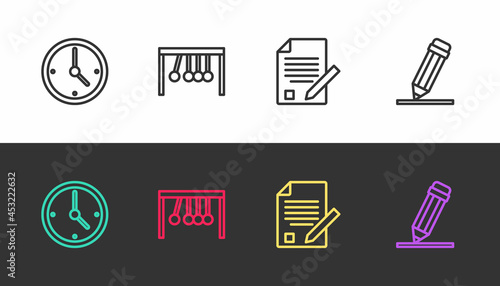 Set line Clock, Pendulum, Exam sheet and pencil and Pencil with eraser on black and white. Vector photo