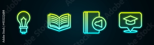 Set line Light bulb with idea, Open book, Audio and Graduation cap in speech bubble. Glowing neon icon. Vector