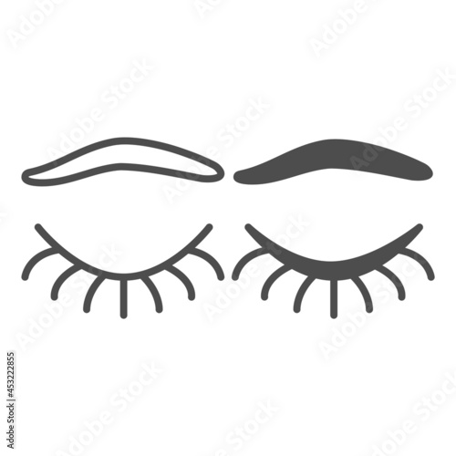 Closed eye with eyelashes and eyebrow line and solid icon, human body concept, closed eyelid vector sign on white background, outline style icon for mobile concept and web design. Vector graphics.