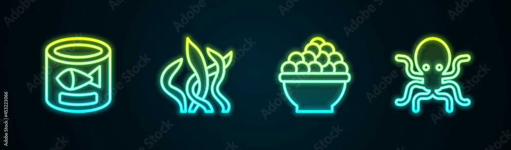 Set line Canned fish, Seaweed, Caviar and Octopus. Glowing neon icon. Vector Set line Canned fish, Seaweed, Caviar and Octopus. Glowing neon icon. Vector