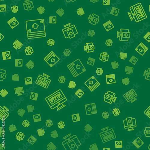 Set line Deck of playing cards, Online slot machine with jackpot and poker table game on seamless pattern. Vector