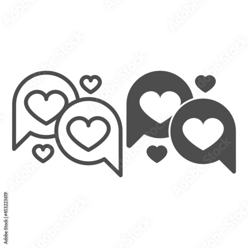 Hearts in dialogue box, speach bubble line and solid icon, dating concept, love messege vector sign on white background, outline style icon for mobile concept and web design. Vector graphics.