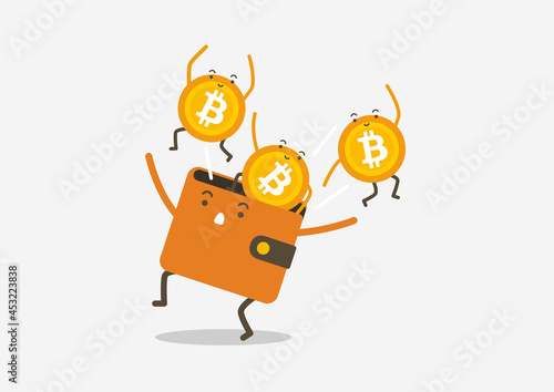 Bitcoins jump out of the wallet. Cryptocurrency cartoon concept.