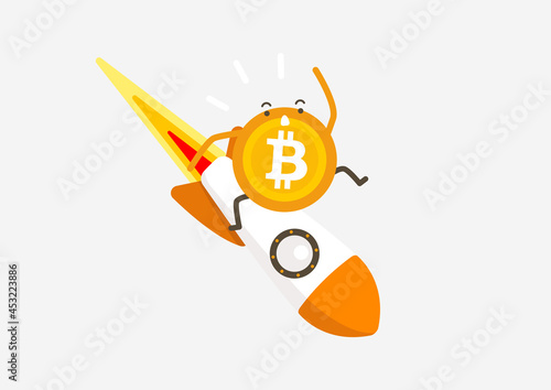Bitcoin rocket falling down. Cryptocurrency cartoon concept.