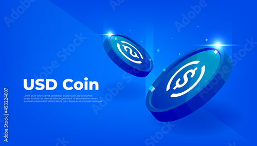USD Coin or USDC coin banner. USD Coin digital stablecoin with crypto currency concept banner background.