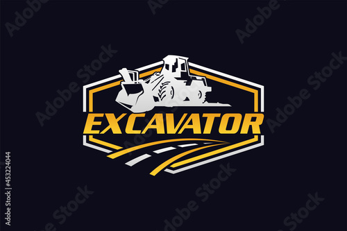Bulldozer logo template vector. Heavy equipment logo vector for construction company. Creative excavator illustration for logo template.