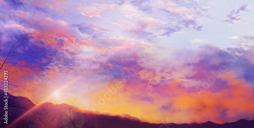 夕焼け空と山の風景イラスト Stock Illustration Adobe Stock