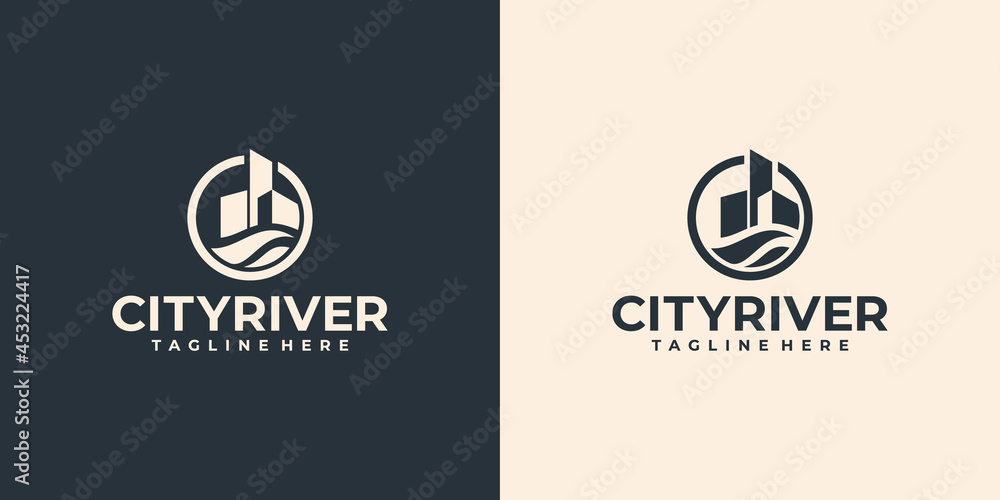 Fototapeta premium city river logo, building with water symbol logo design