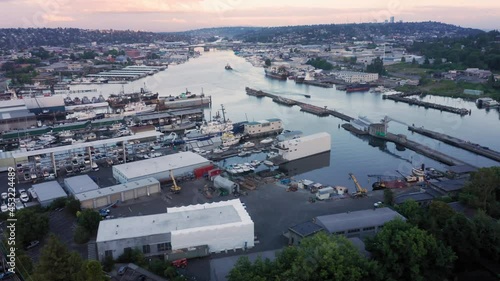 Aerial: Boats docked in Salmon Bay and Ballard (Hiram M. Chittenden) Locks. Seattle, Washington. USA photo
