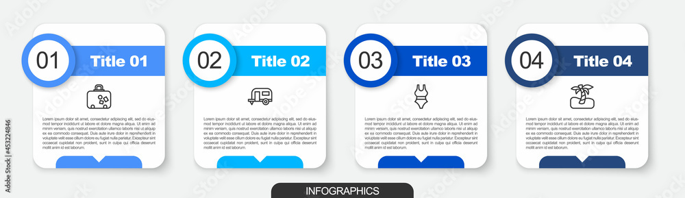 Set line Suitcase, Rv Camping trailer, Swimsuit and Tropical palm tree. Business infographic template. Vector Set line Suitcase, Rv Camping trailer, Swimsuit and Tropical palm tree. Business infographic template. Vector