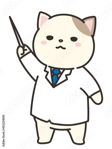 指揮棒で説明をする白衣を着た猫。