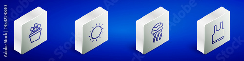 Set Isometric line Ice bucket, Sun, Jellyfish and Sleeveless T-shirt icon. Vector