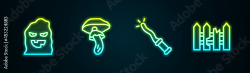 Set line Funny and scary ghost mask, Psilocybin mushroom, Magic wand and Garden fence wooden. Glowing neon icon. Vector