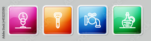 Set line Wine time, Bottle opener, Tap for a barrel and italian fiasco bottle. Colorful square button. Vector