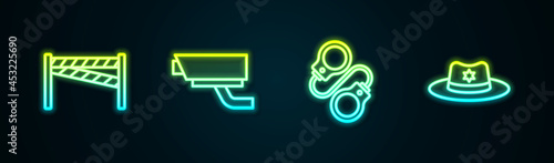 Set line Crime scene, Security camera, Handcuffs and Sheriff hat with badge. Glowing neon icon. Vector