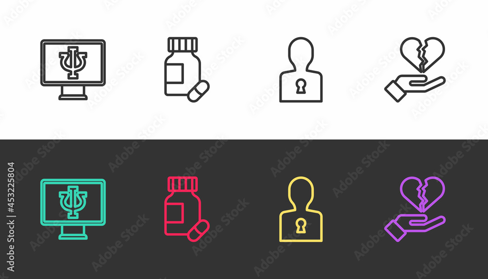 Set line Psychologist online, Sedative pills, Solution to the problem and Broken heart or divorce on black and white. Vector Set line Psychologist online, Sedative pills, Solution to the problem and Broken heart or divorce on black and white. Vector