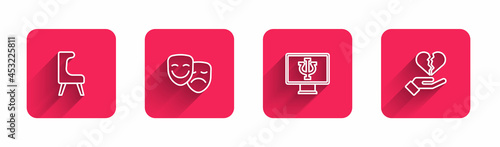 Set line Armchair, Comedy and tragedy masks, Psychologist online and Broken heart or divorce with long shadow. Red square button. Vector