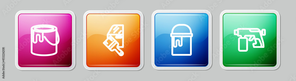 Set line Paint bucket, Car painting, and spray gun. Colorful square button. Vector Set line Paint bucket, Car painting, and spray gun. Colorful square button. Vector