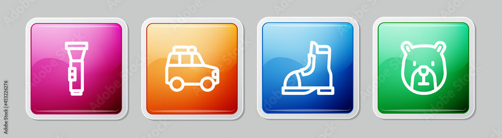 Set line Flashlight, Car, Hunter boots and Bear head. Colorful square button. Vector Set line Flashlight, Car, Hunter boots and Bear head. Colorful square button. Vector